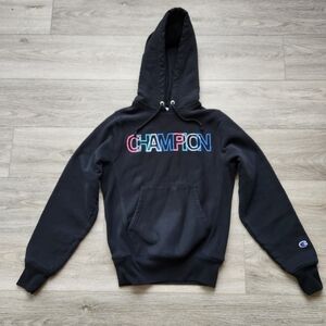 Champion Reverse Weave Black Hoodie Sweater Womens Xs Embroidered Logo Pullover